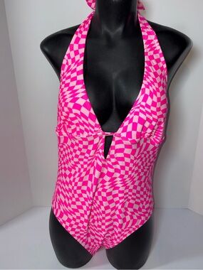NOBO Hot Pink Checker Halter One-Piece Swimsuit
